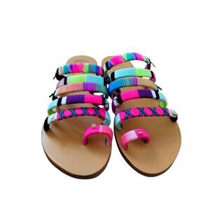 Le Pom Pom Women's Size 8 Penny Strappy Charm Sandals Hand Made‎ Colorful Boho.